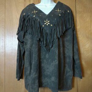 COPA CABANA WOMEN'S LARGE LONG SLEEVE JEWELED FRINGE PULLOVER BLOUSE VINTAGE